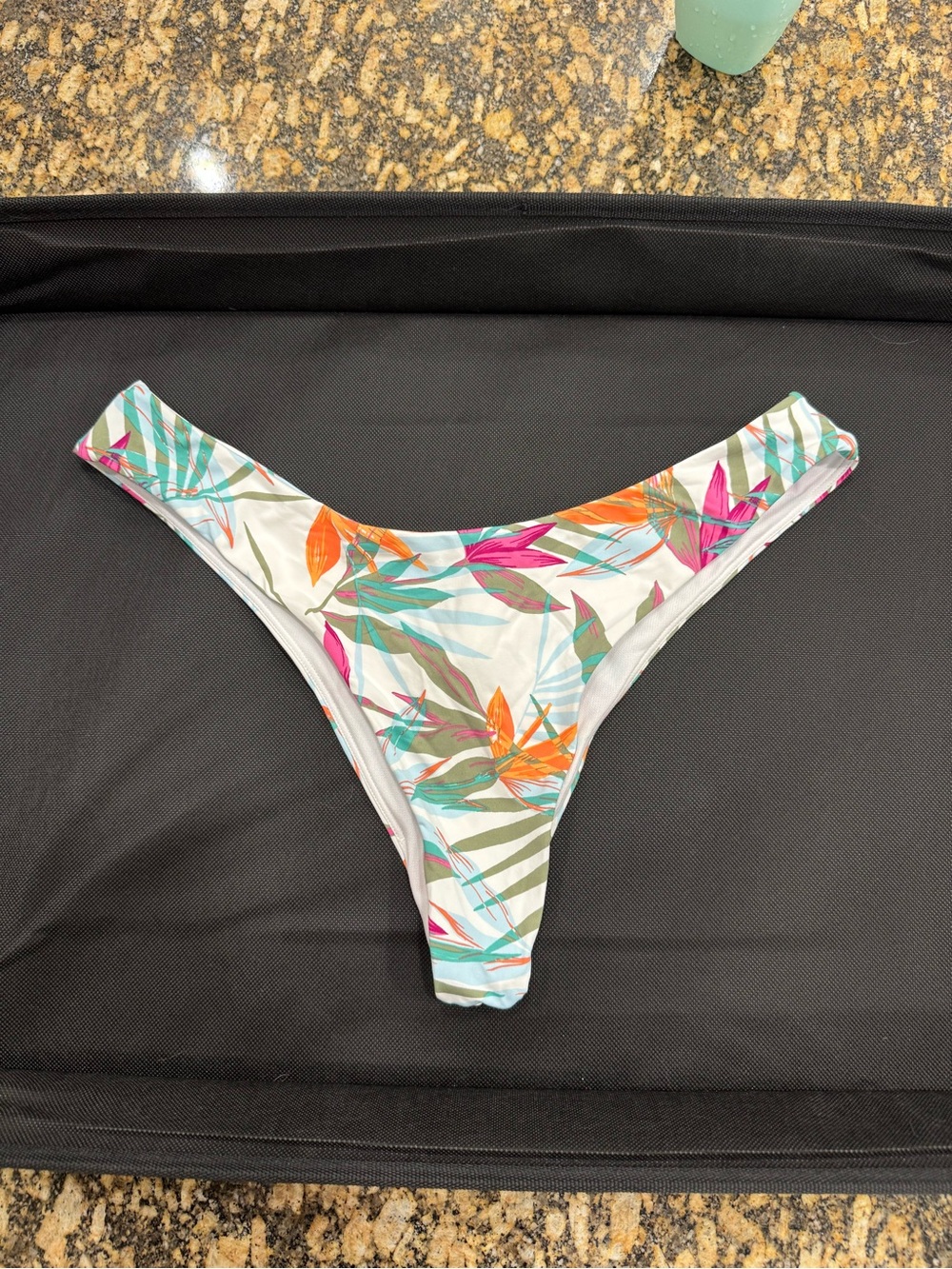 ROXY Tropical Leaf Print Bikini Bottom - White Base with Teal, Orange & Pink L